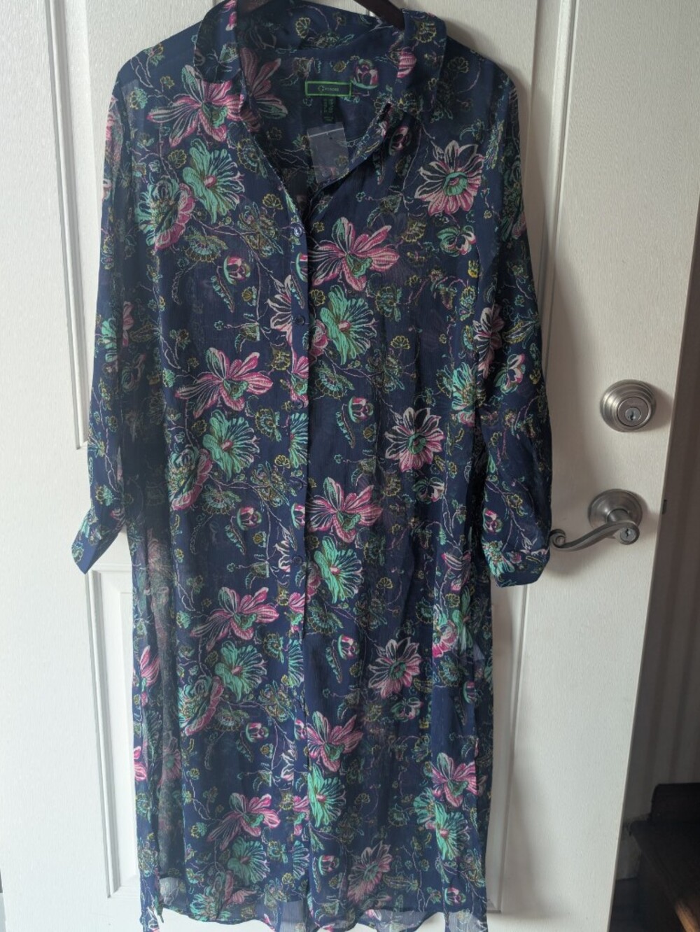 C. Wonder Navy Floral Long Sleeve Shirt Dress with Pink & Mint Flowers